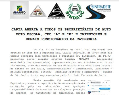 CARTA ABERTA A TODOS OS PROPRIETÁRIOS DE AUTO MOTO ESCOLA, CFC “A” E “B” E INSTRUTORES E DEMAIS FUNCIONÁRIOS DA CATEGORIA
